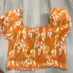 Aerie Orange Floral Puff Sleeve Blouse